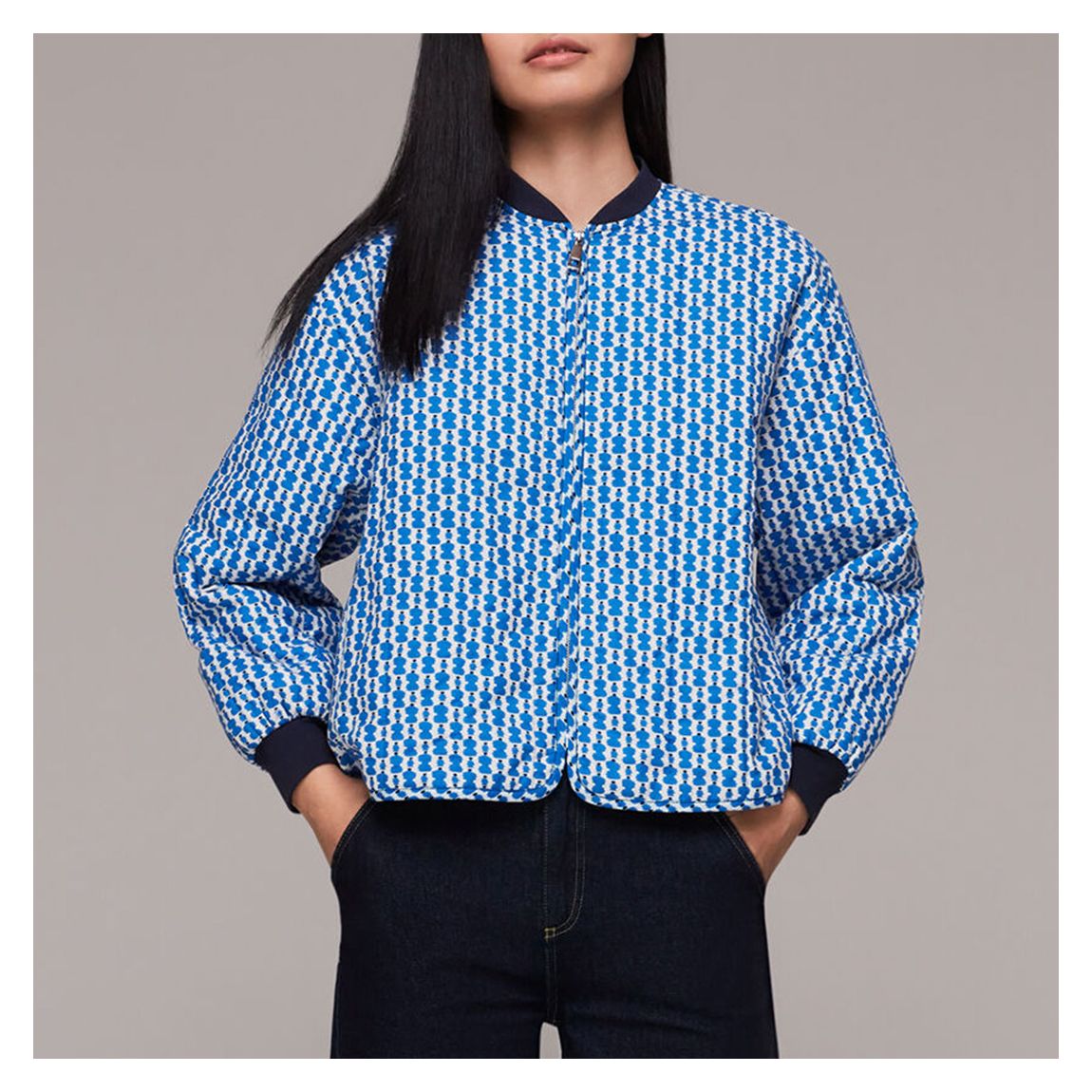 Blue Printed Zip Cotton Bomber Jacket main product photo