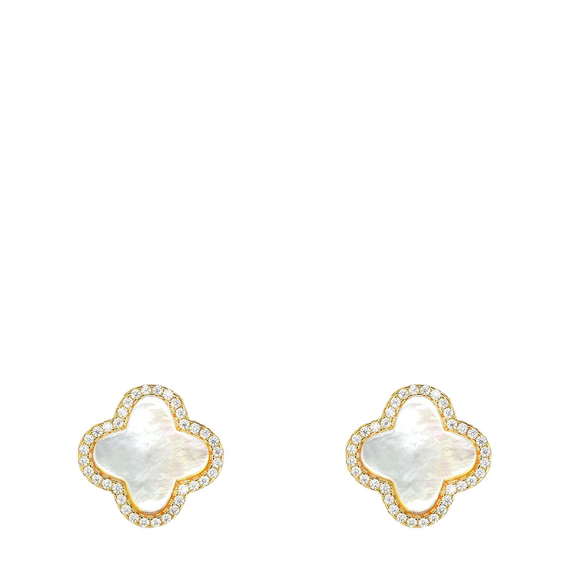 18K Gold White Mother Of Pearl Clover Cz Post Earrings main product photo