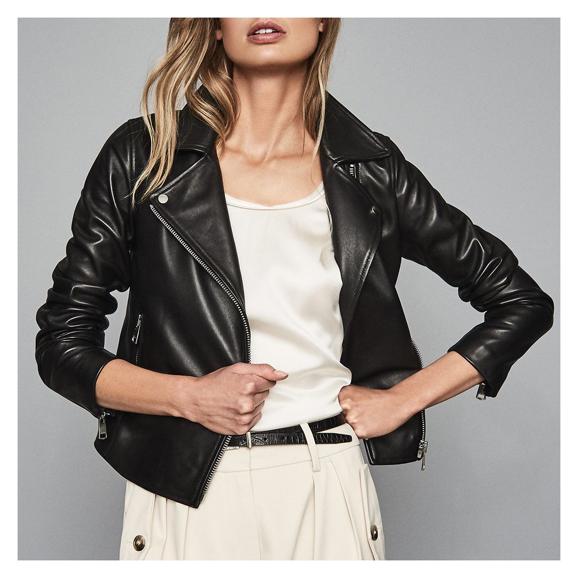 Black Geo Leather Biker Jacket main product photo