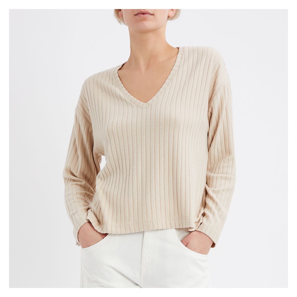 Cream Cara V-Neck Ribbed Top main product photo