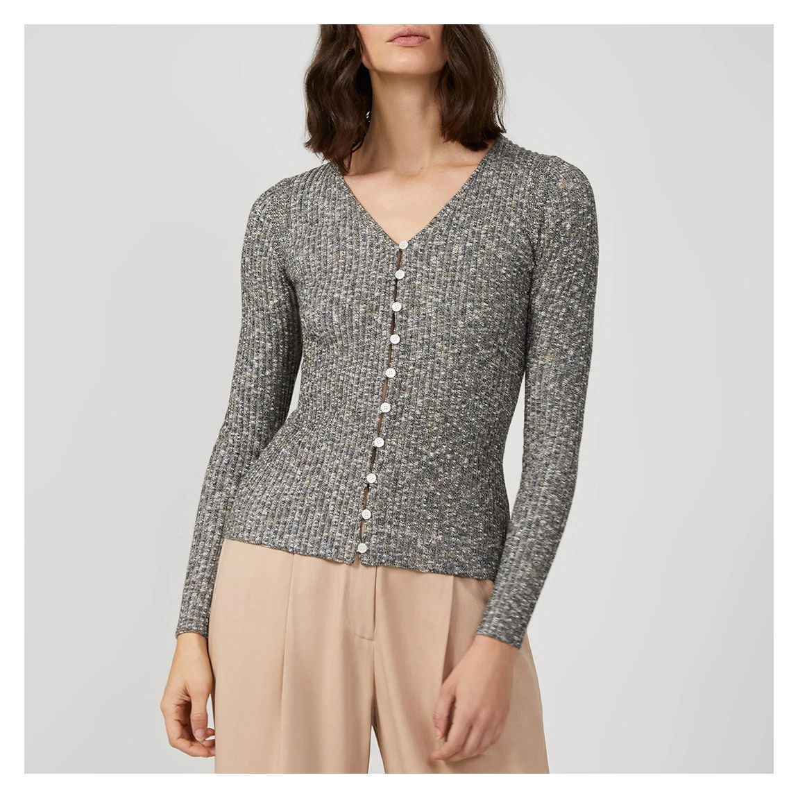 Grey V-Neck Knitted Cotton Blend Cardigan main product photo