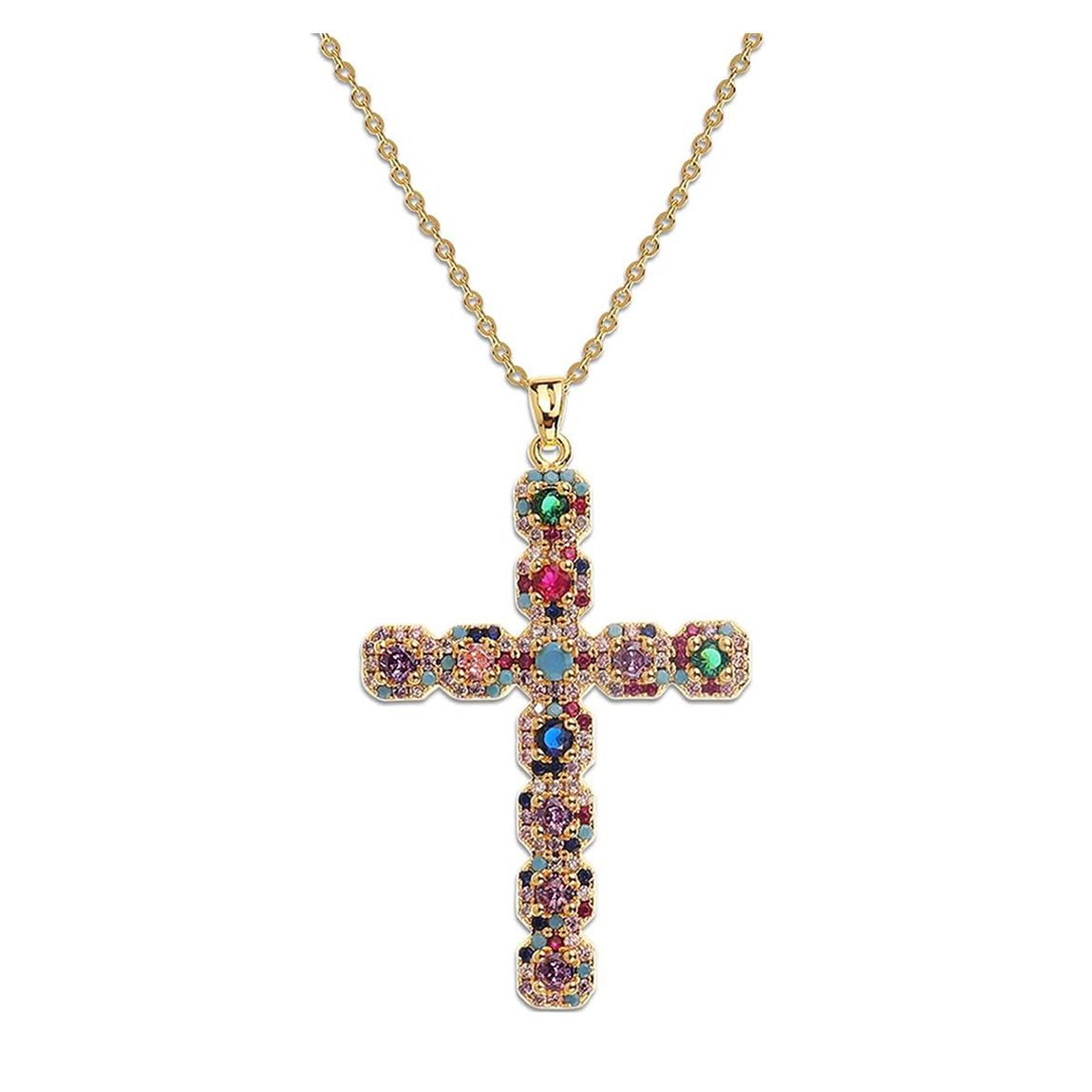 18K Gold Multi Color Gemstone Cross Necklace main product photo