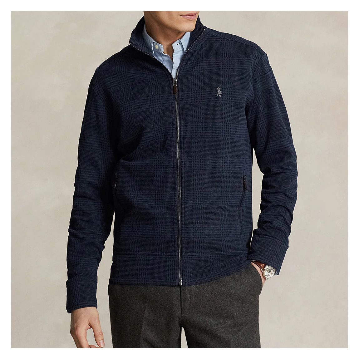 Navy Check Cotton Blend Zip Sweatshirt main product photo