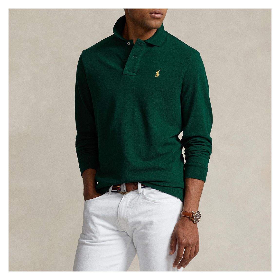 Dark Green Long Sleeve Cotton Polo Shirt main product photo