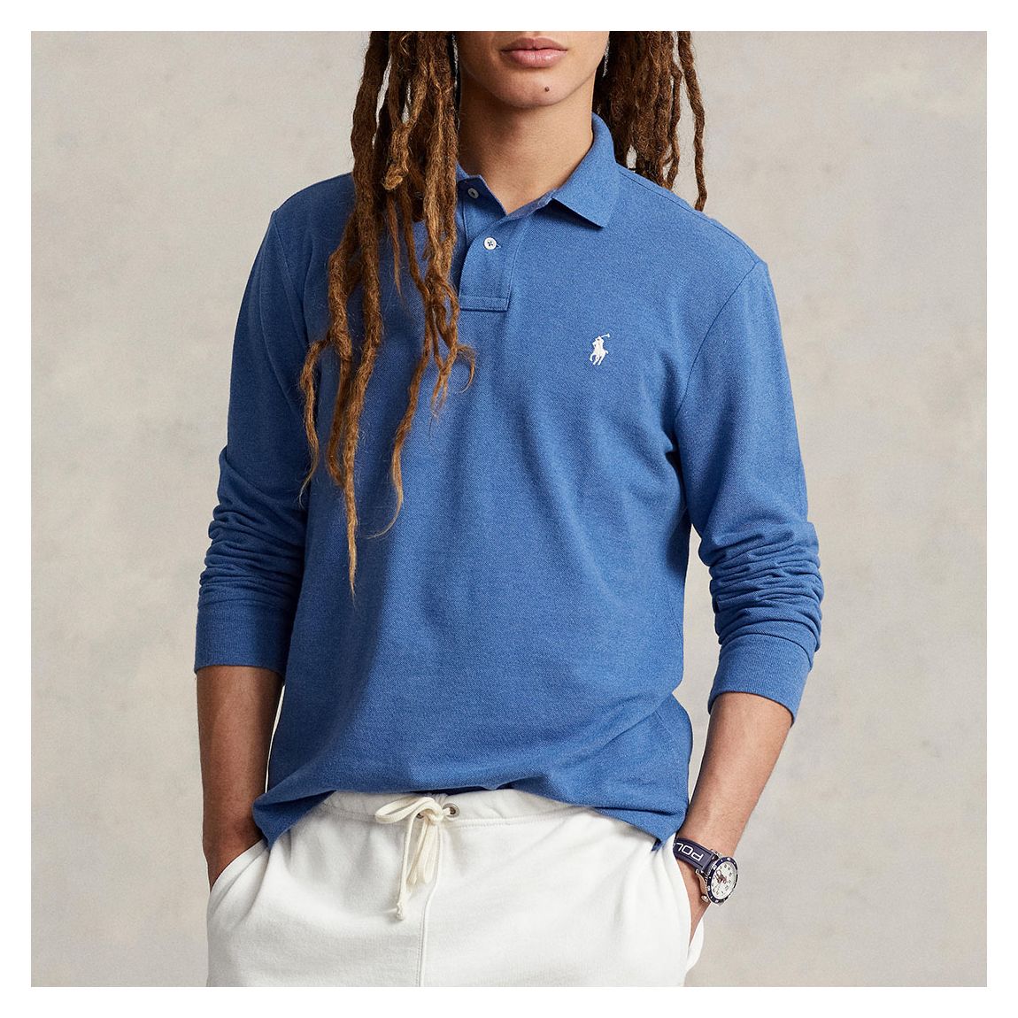 Blue Long Sleeve Cotton Polo Shirt main product photo