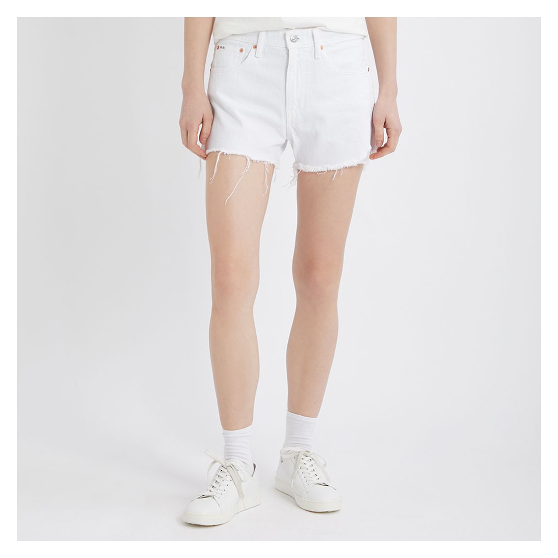 White Rigid Distressed Denim Shorts main product photo