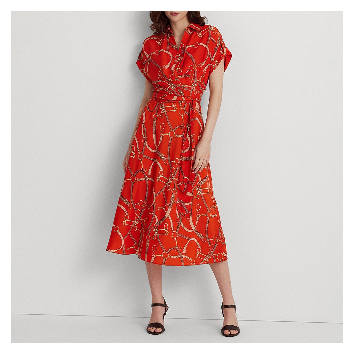 Orange Printed Belted Crepe Dress main product photo