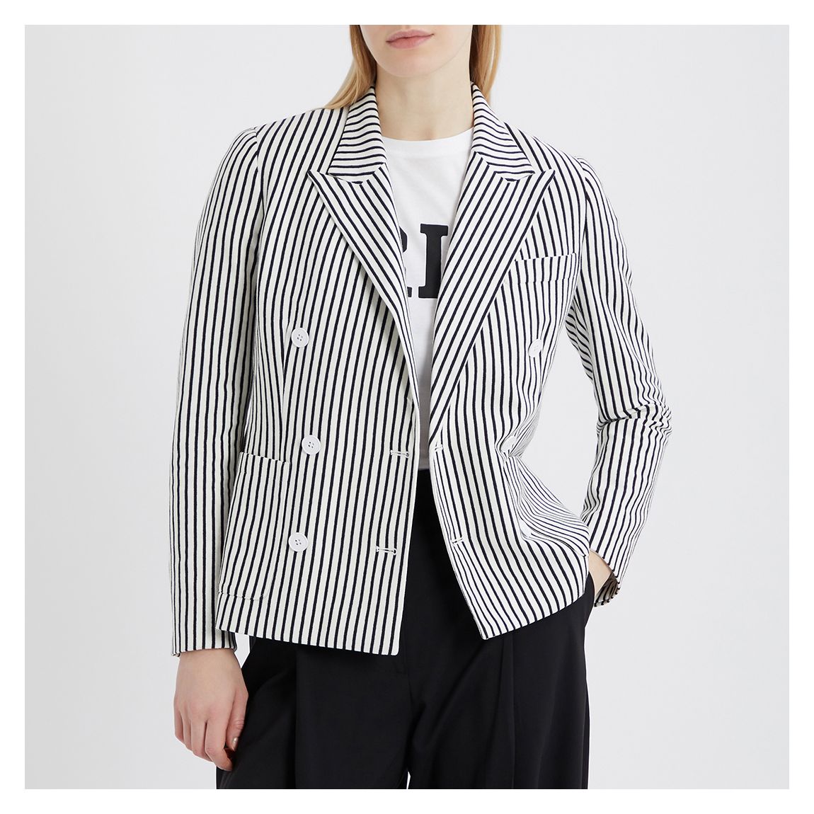 White Double-Breasted Striped Cotton Blazer main product photo