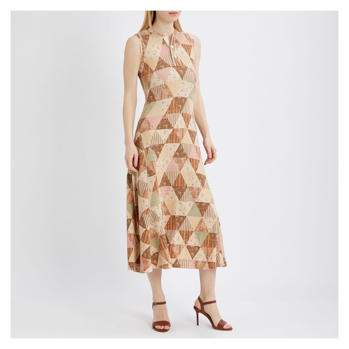Tan Printed Cotton Blend Midi Dress main product photo