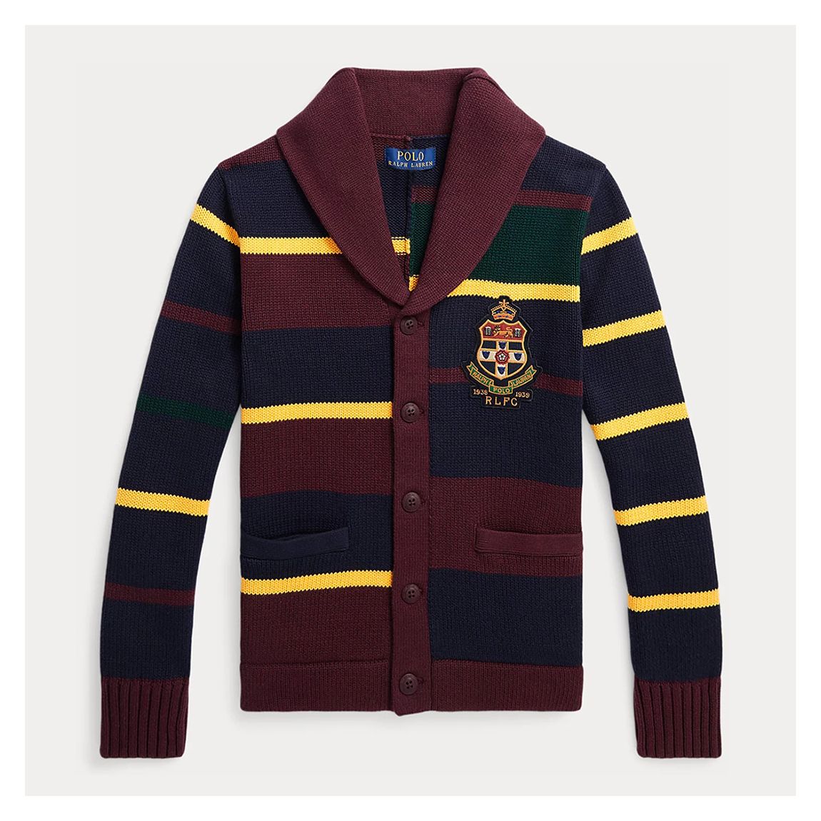 Older Boy's Navy Patch Logo Striped Cotton Cardigan main product photo