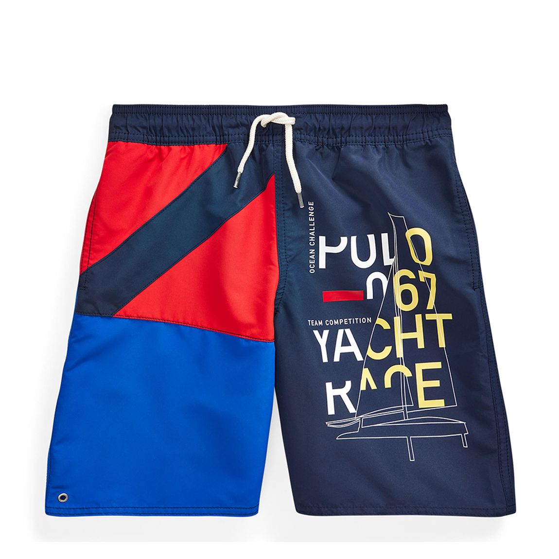Older Boy's Navy Printed Colour Block Swimming Trunks main product photo