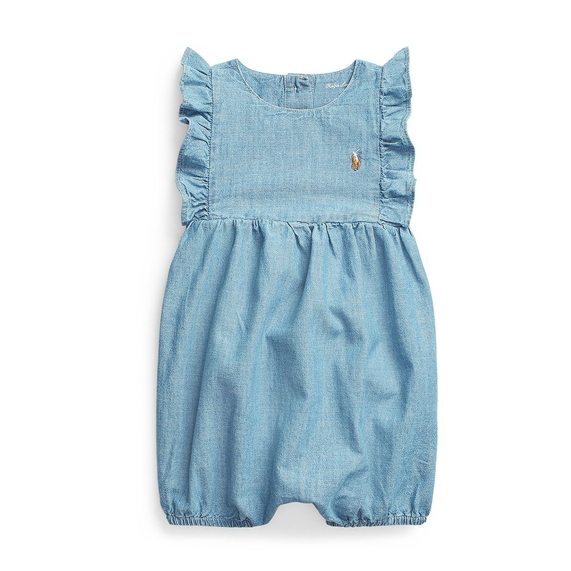 Baby Girl's Blue Chambray Ruffle Cotton Romper main product photo