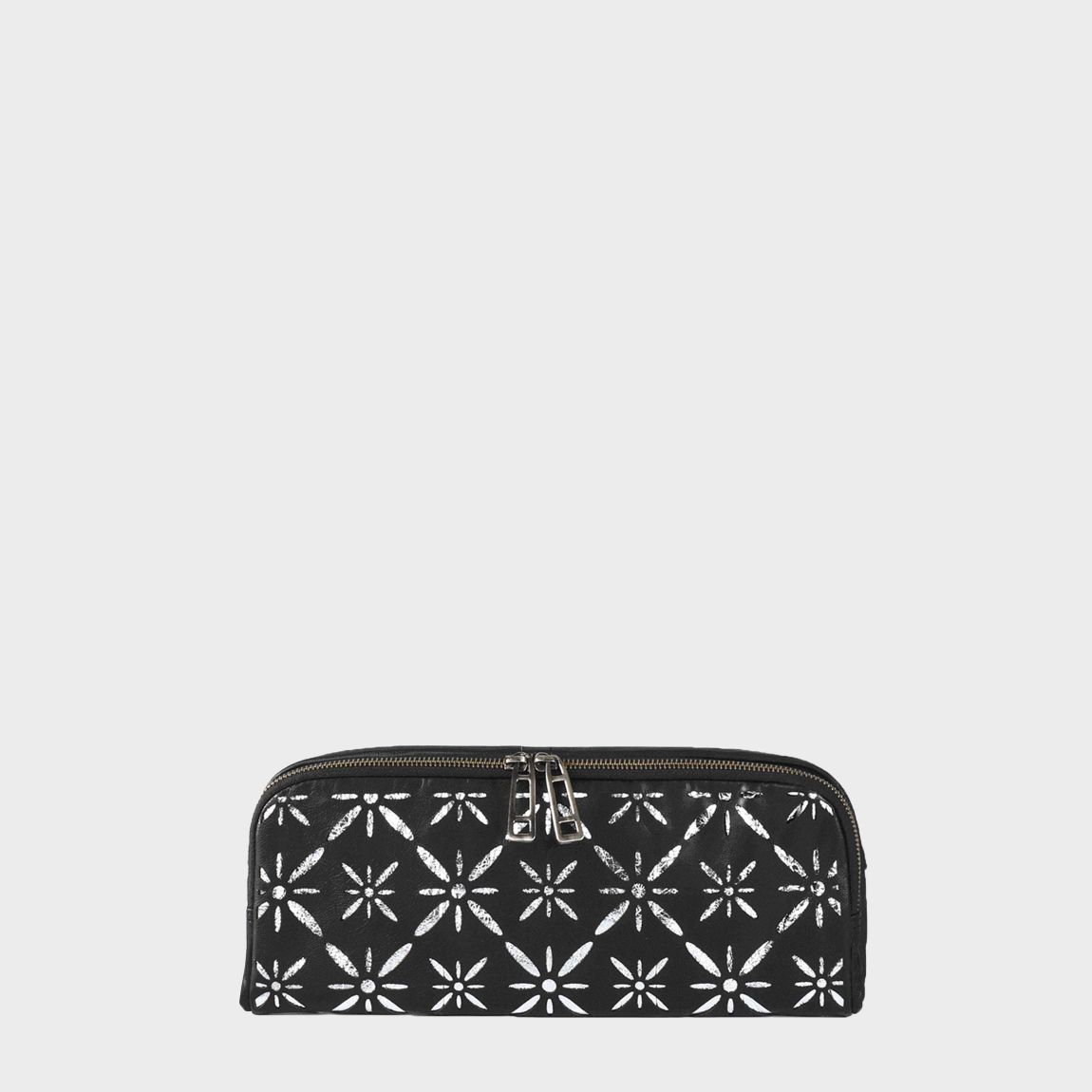 'HOLBORN' Metallic Silver and Black Floral Designer Leather Clutch Bag main product photo