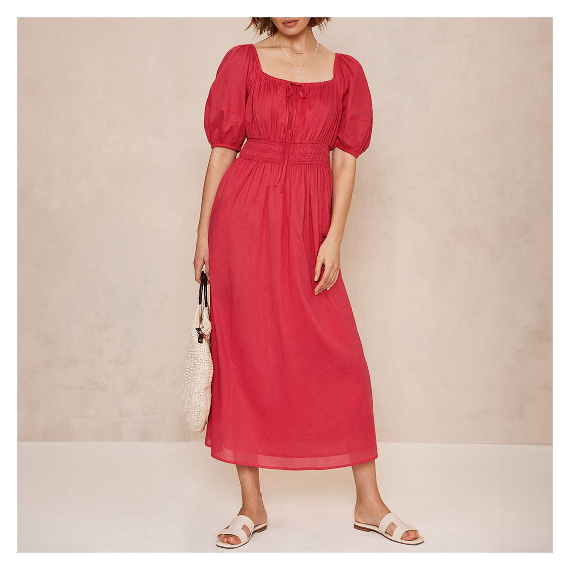 Pink Puff Sleeve Midi Dress