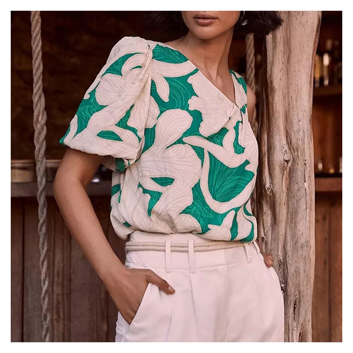 Green Sabrina Print One Shoulder Top main product photo