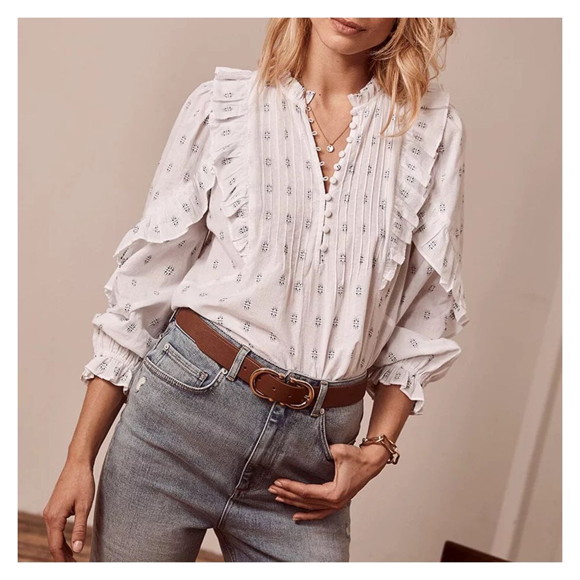 White Ruffle Jacquard Blouse main product photo