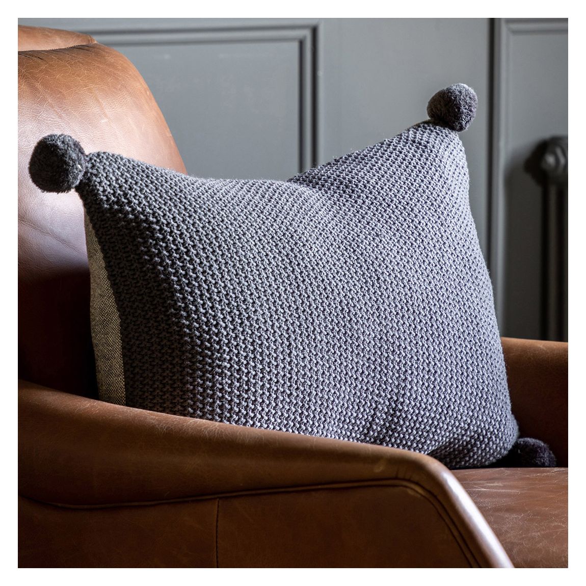 Moss Stitched PomPom 40x60cm Cushion Cover, Charcoal main product photo