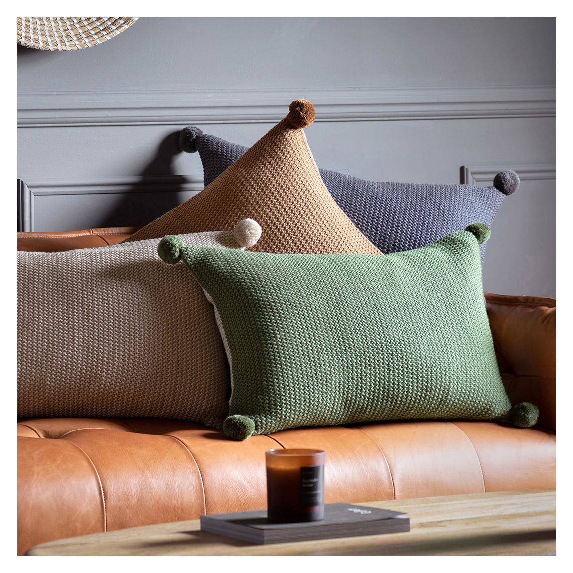 Moss Stitched PomPom 40x60cm Cushion Cover, Olive main product photo