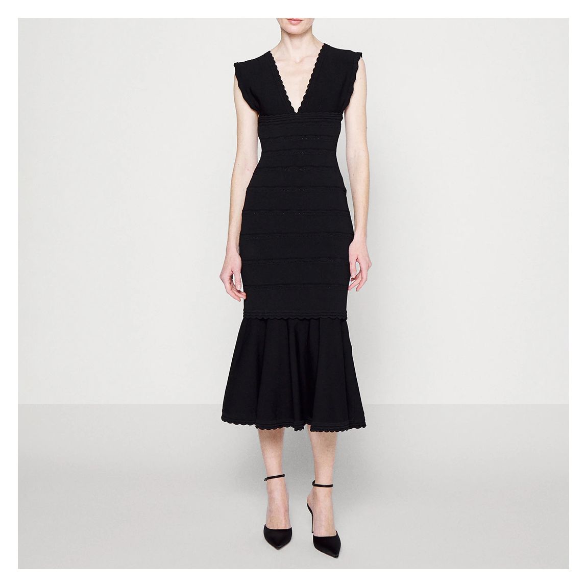 Black V-Neck Frill Midi Dress main product photo