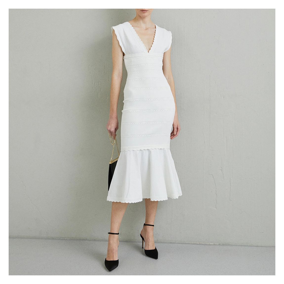 White V-Neck Frill Midi Dress main product photo