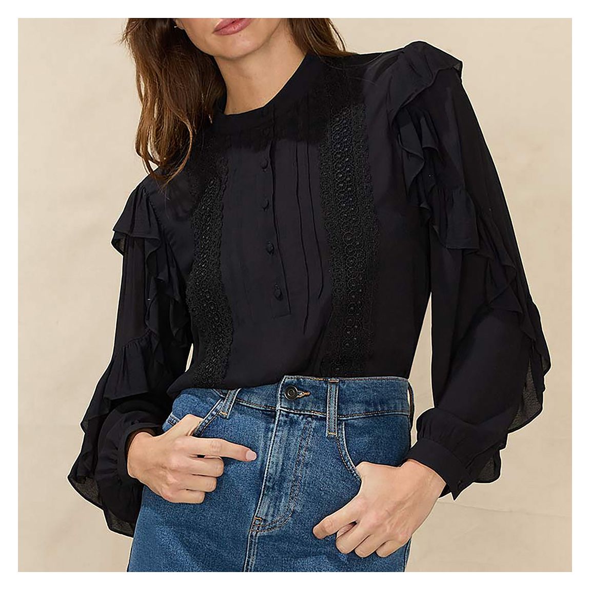 Black Trim Insert Frill Sleeve Shirt main product photo