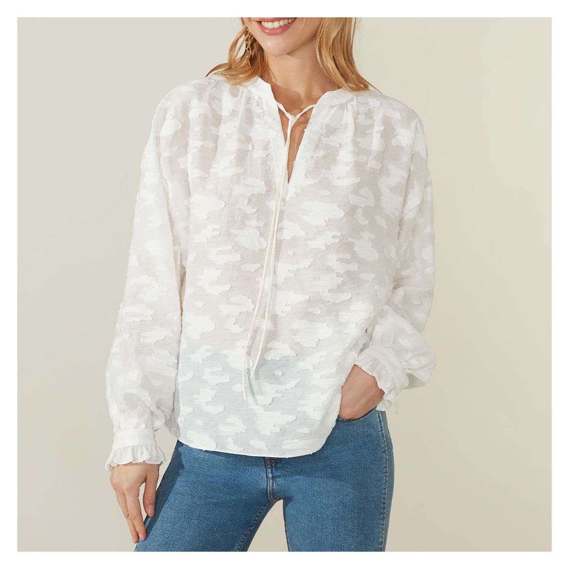 White Textured V Neck Top main product photo