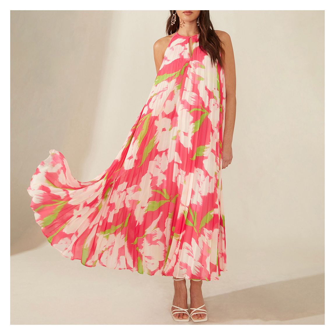 Pink Floral Halter Pleated Maxi Dress main product photo