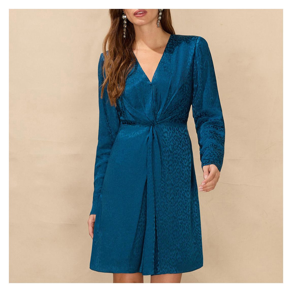 Blue Satin Jacquard Twist Front Short Dress main product photo