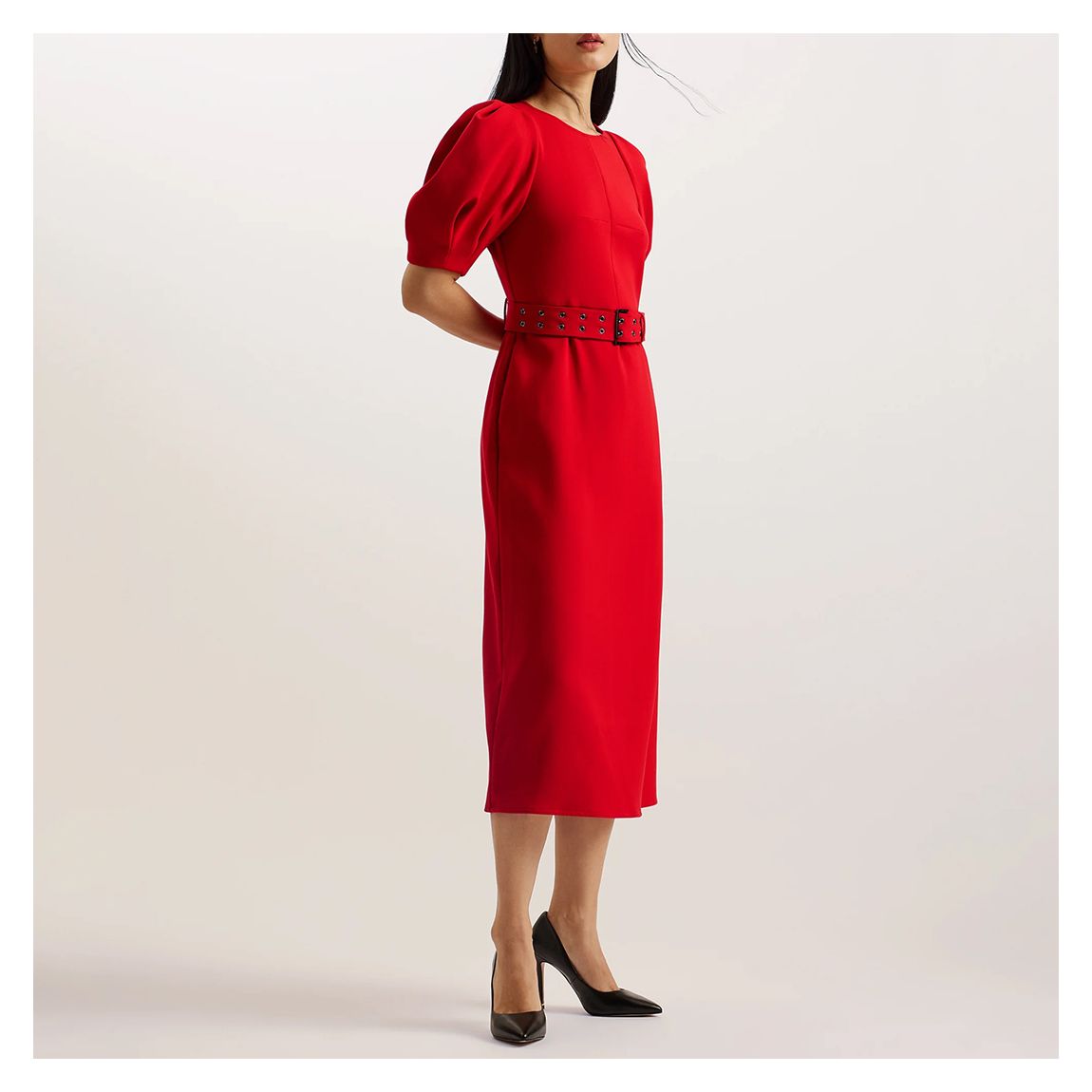 Red Gabyela Puff Sleeve Midi Dress main product photo
