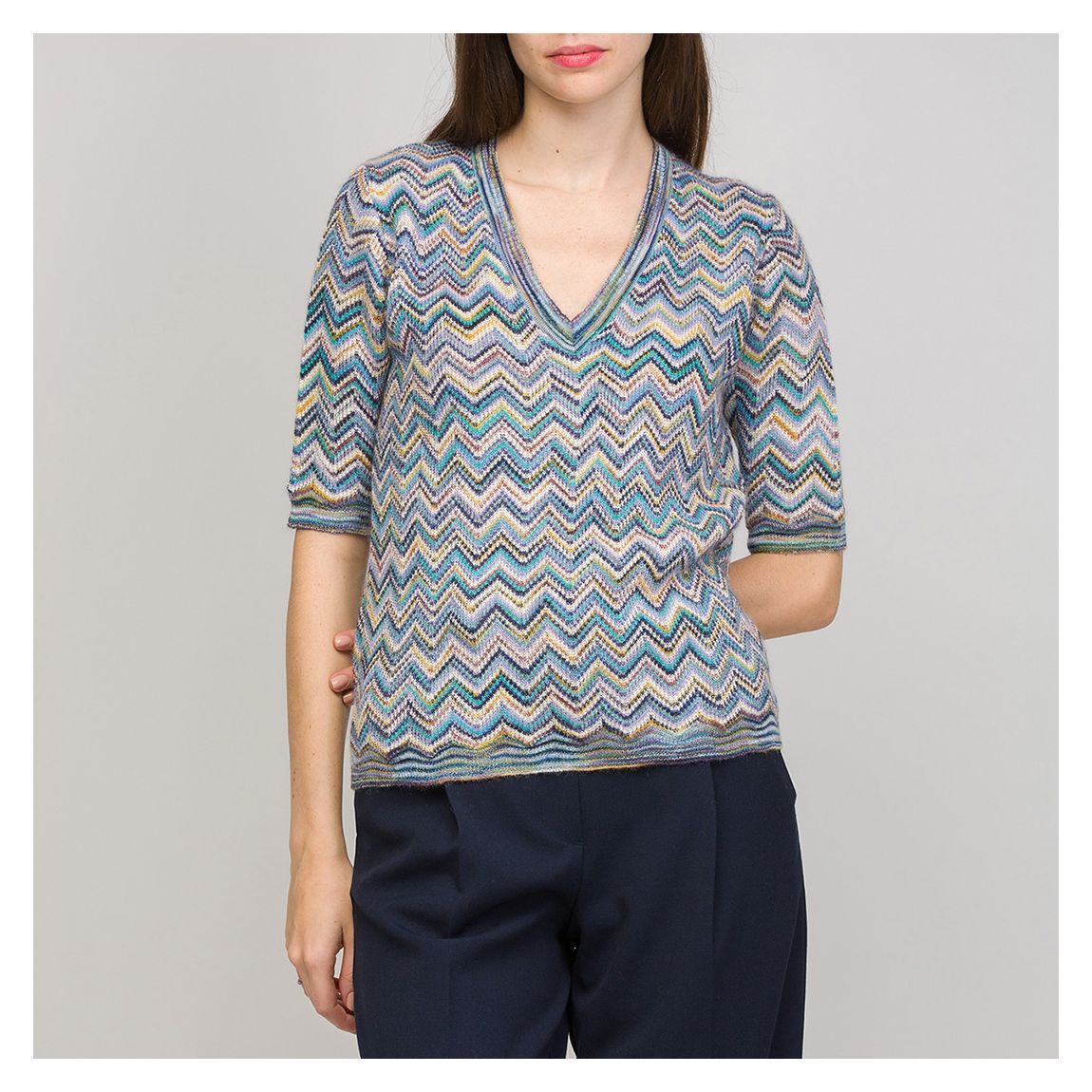 Blue Multi V-Neck Pattern Wool Blend Top main product photo