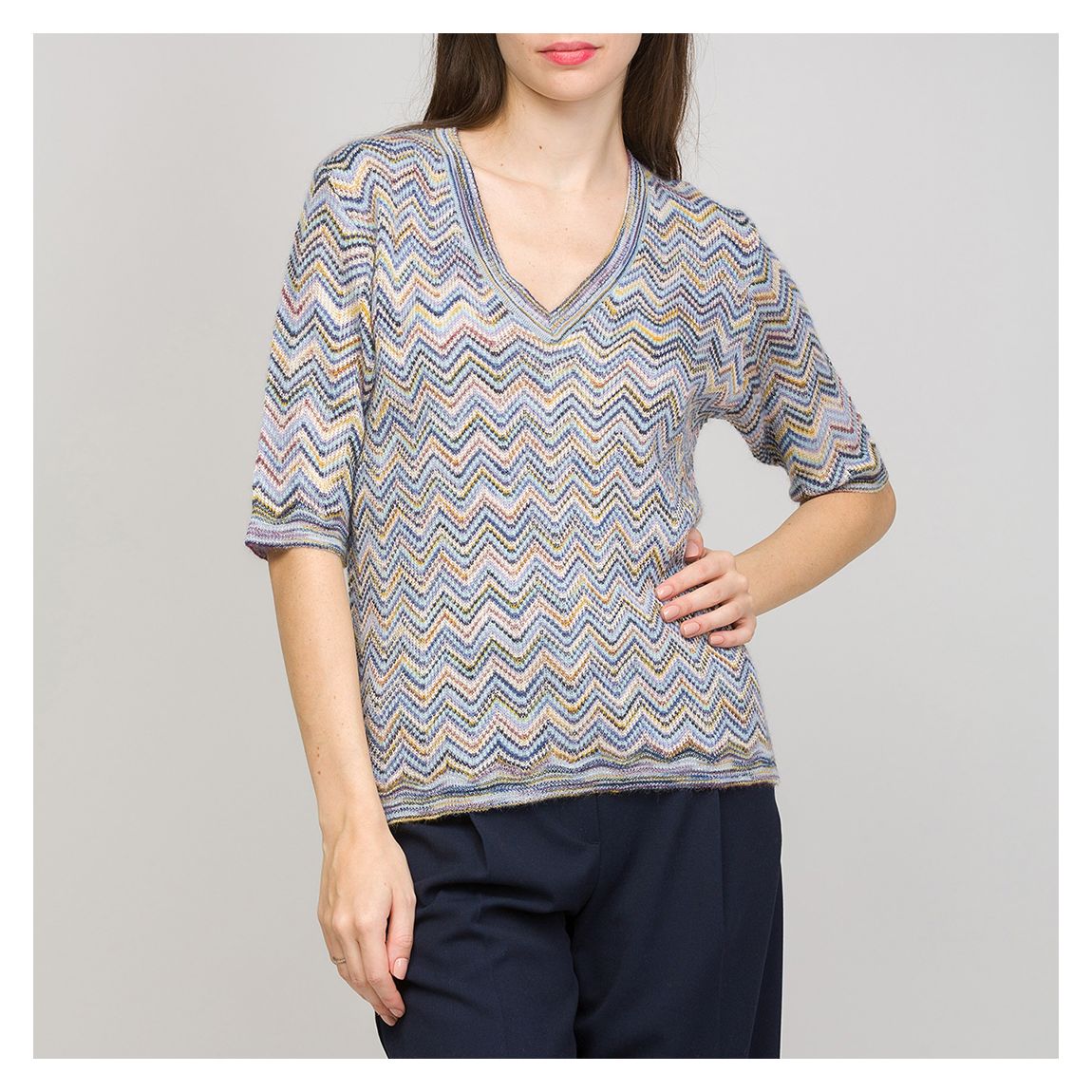 Dark Blue Multi V-Neck Pattern Wool Blend Top main product photo