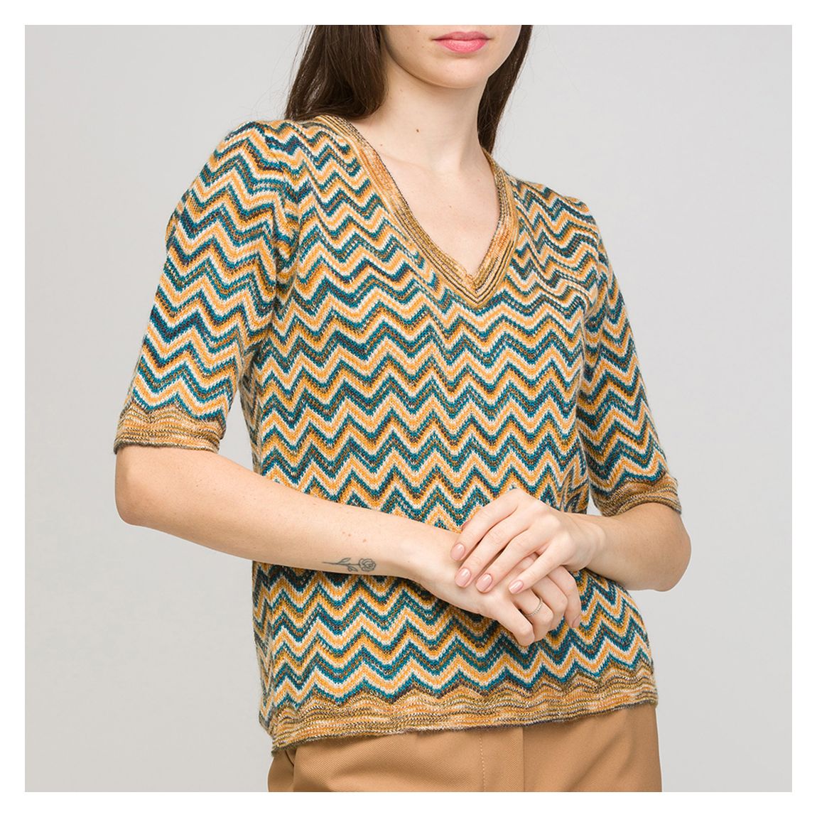 Camel/Teal Pattern Wool Blend Top main product photo