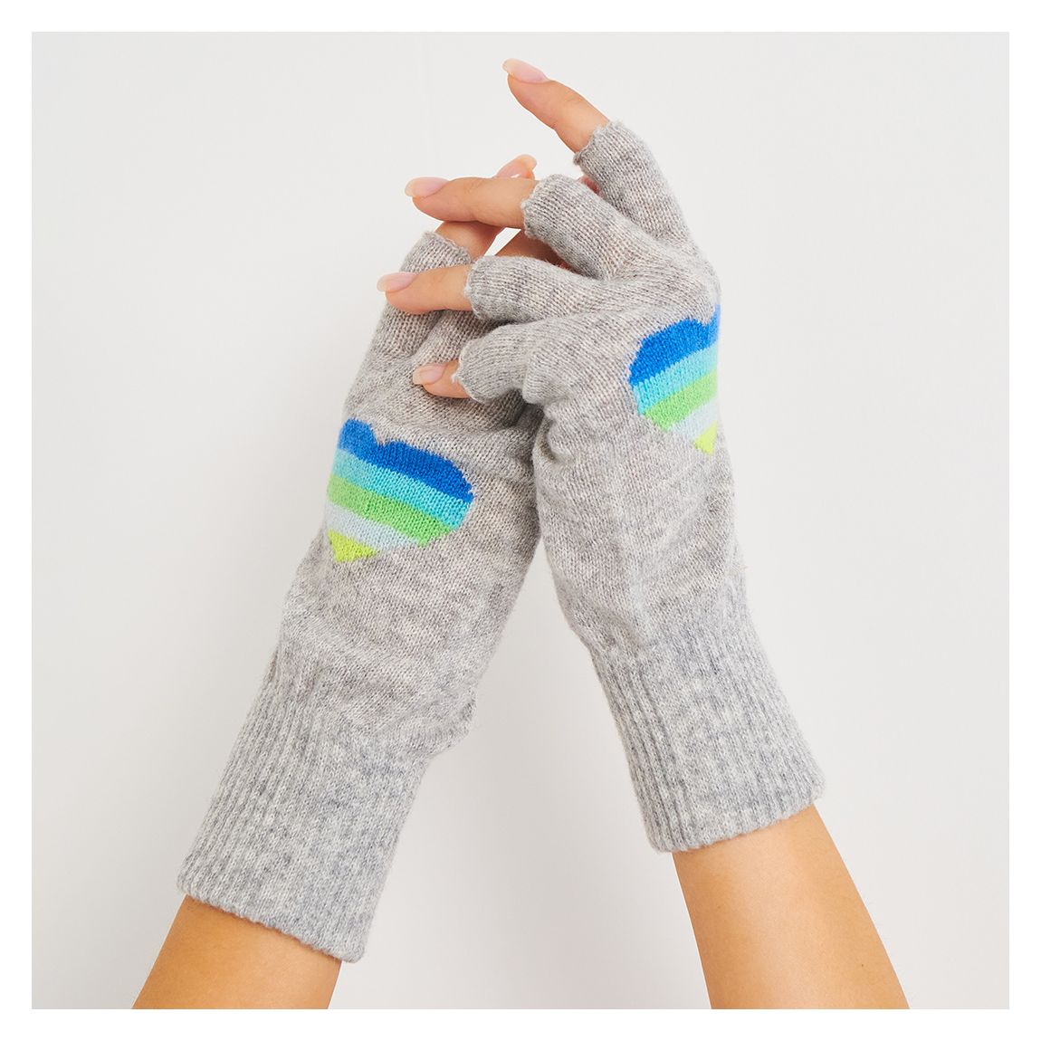 Super Grey Cashmere Rainbow Heart Fingerless Gloves main product photo
