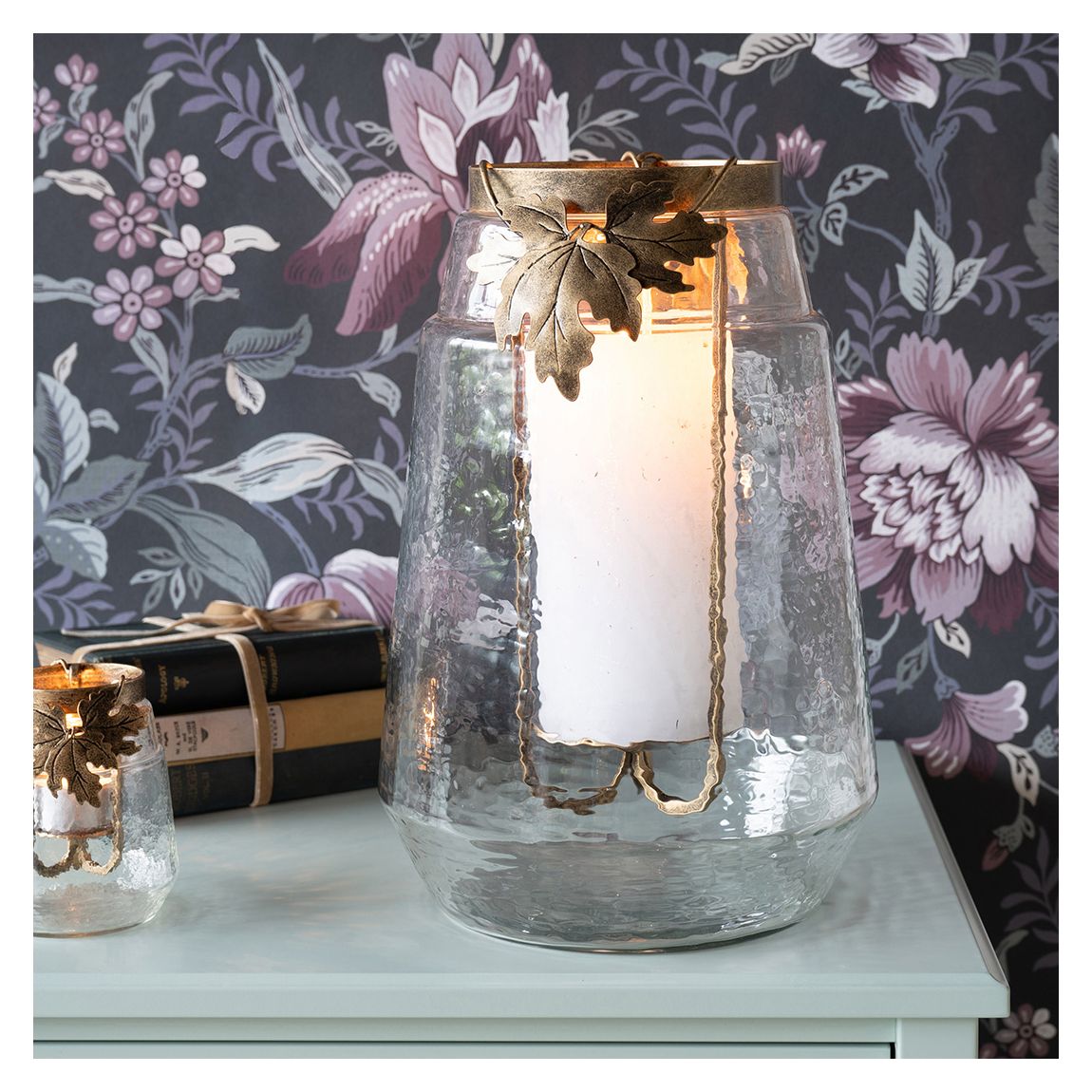 Laura Ashley Large Leaf Bottle Hurricane, Clear Glass & Gold main product photo