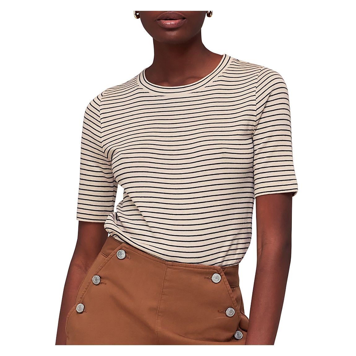 Navy/Beige Slim Stripe Cotton Blend T-Shirt main product photo
