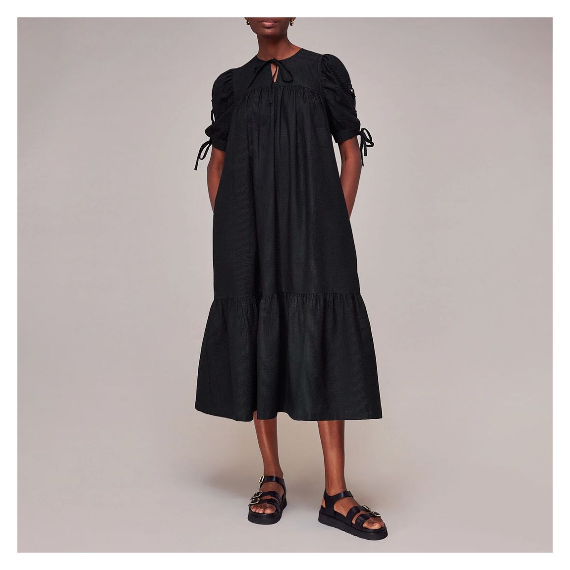 Black Elsie Seersucker Trapeze Cotton Dress main product photo