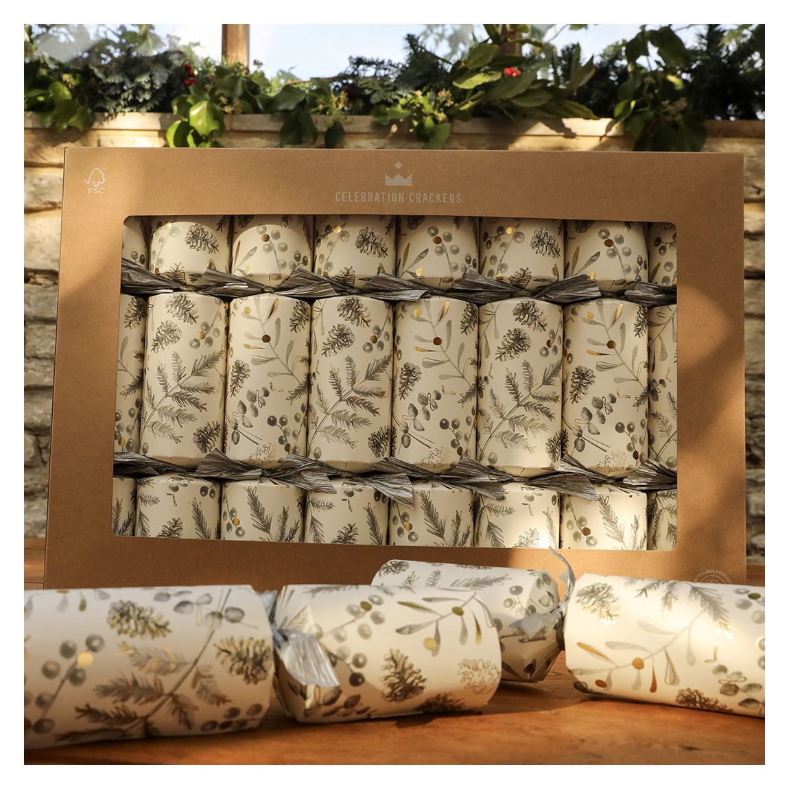 Set Of 8 Super Deluxe Silver Botanical Christmas Crackers main product photo