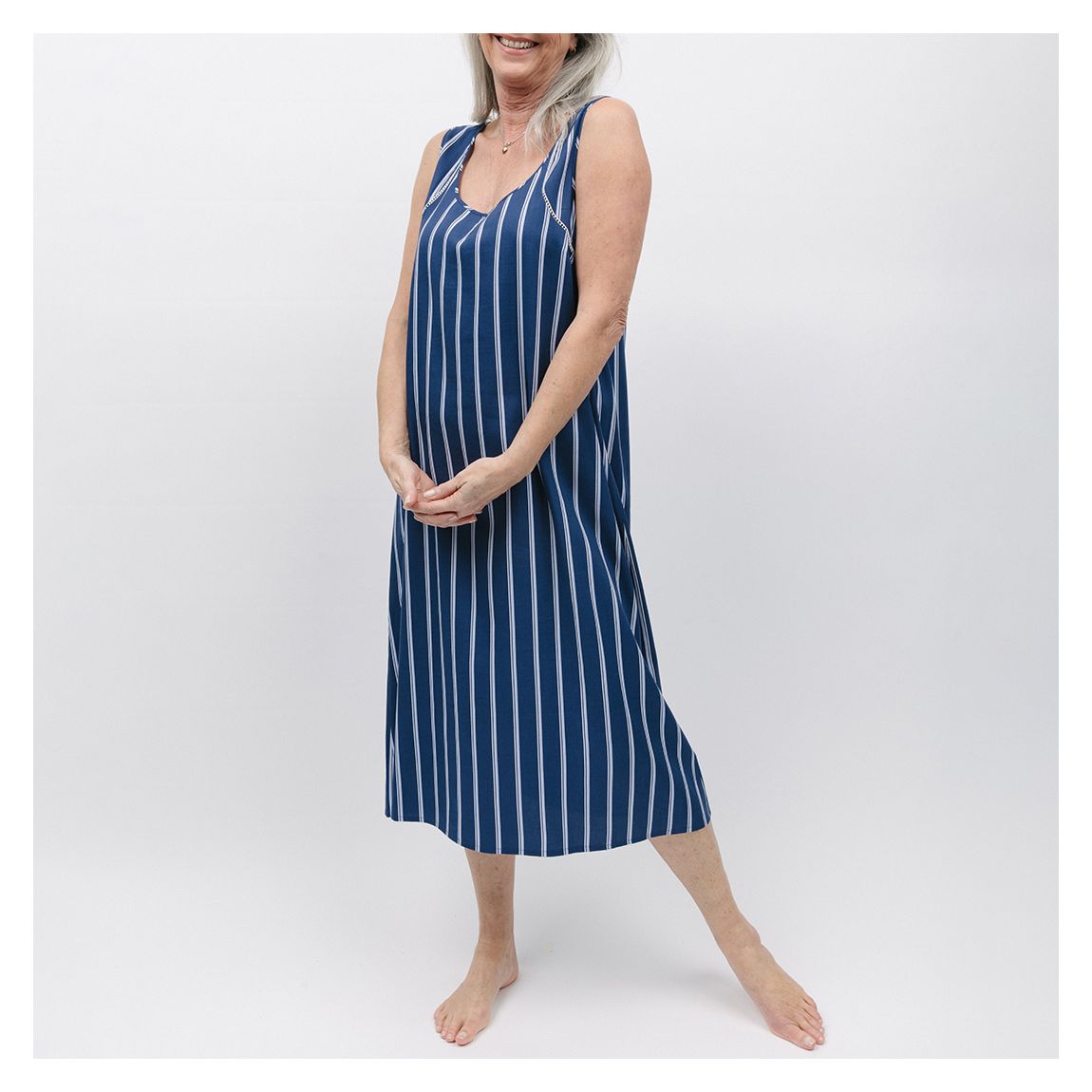 Multi Evette Lace Trim Printed Stripe Long Nightdress main product photo