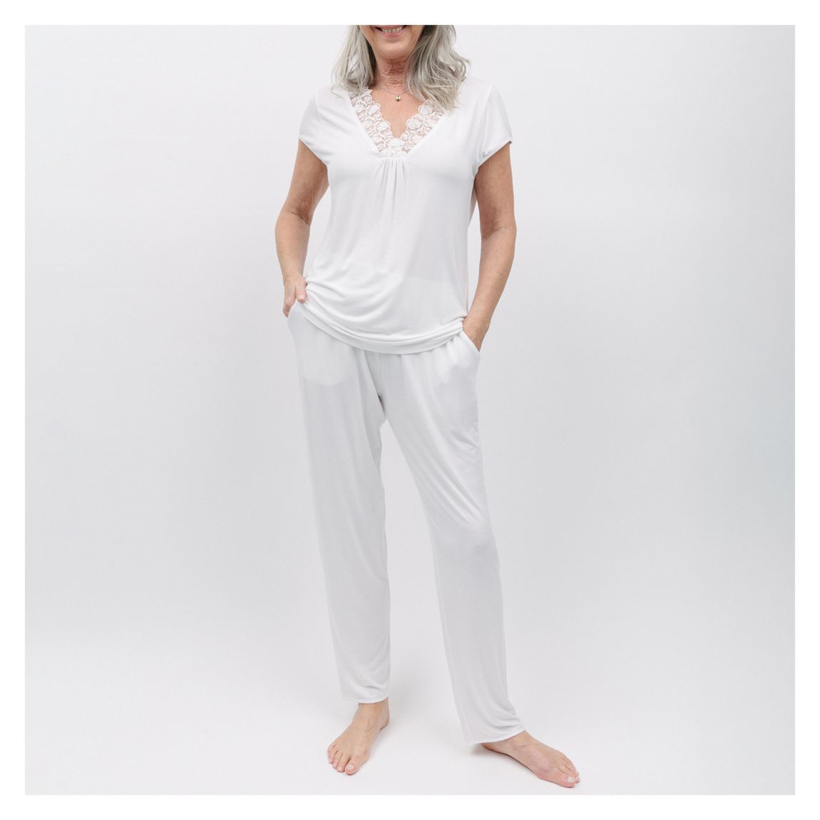 White Evette Lace Detail White Jersey Pyjama Set main product photo