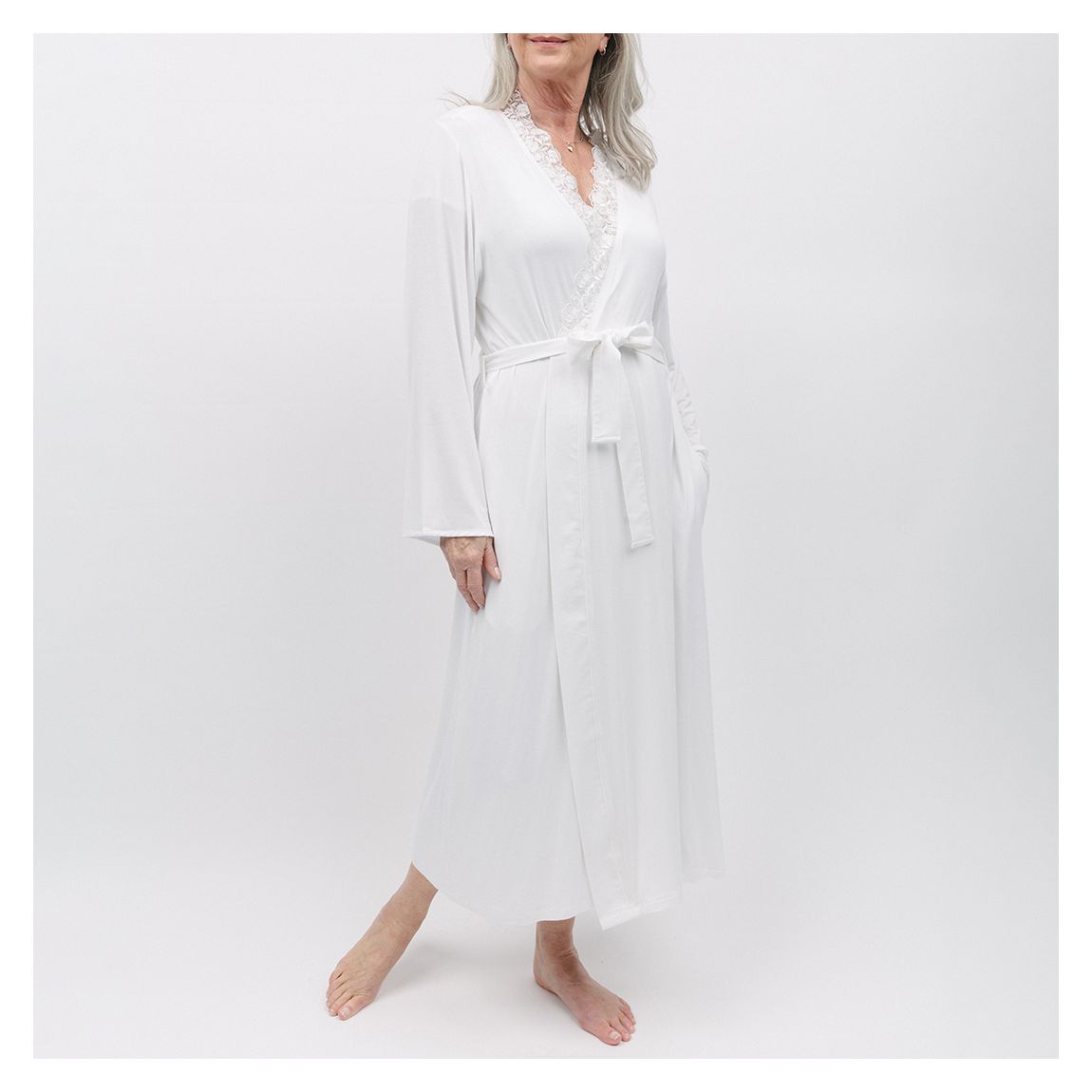 White Evette Lace Detail White Jersey Long Dressing Gown main product photo