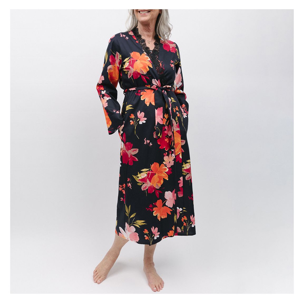 Black Winnie Floral Print Long Dressing Gown main product photo