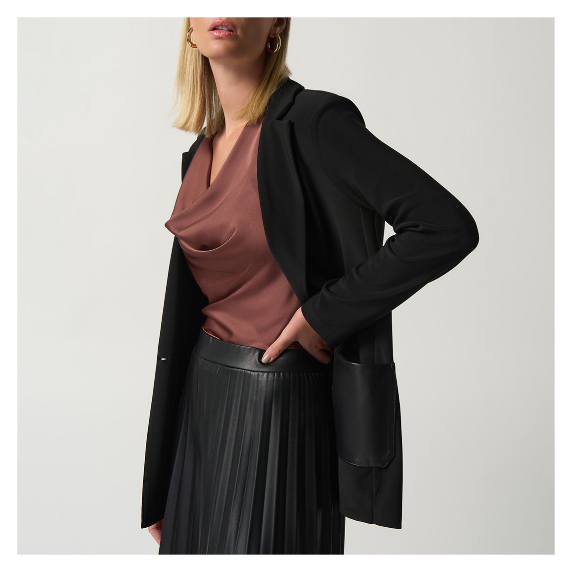 Black Fitted Blazer with Leather Detail main product photo