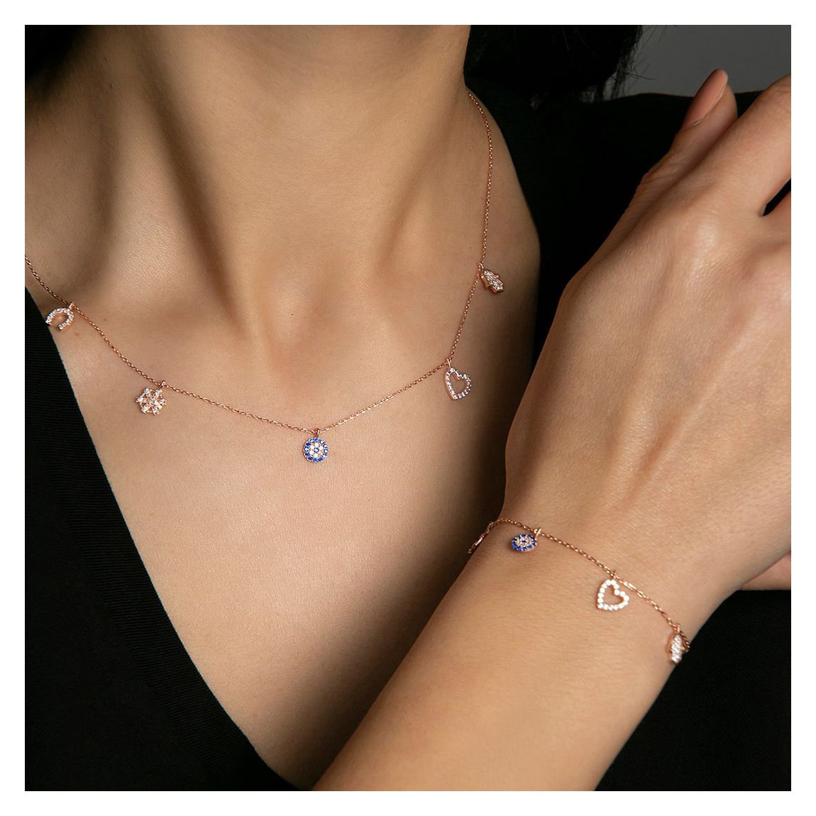 Rose Gold Charm Necklace & Bracelet Set main product photo