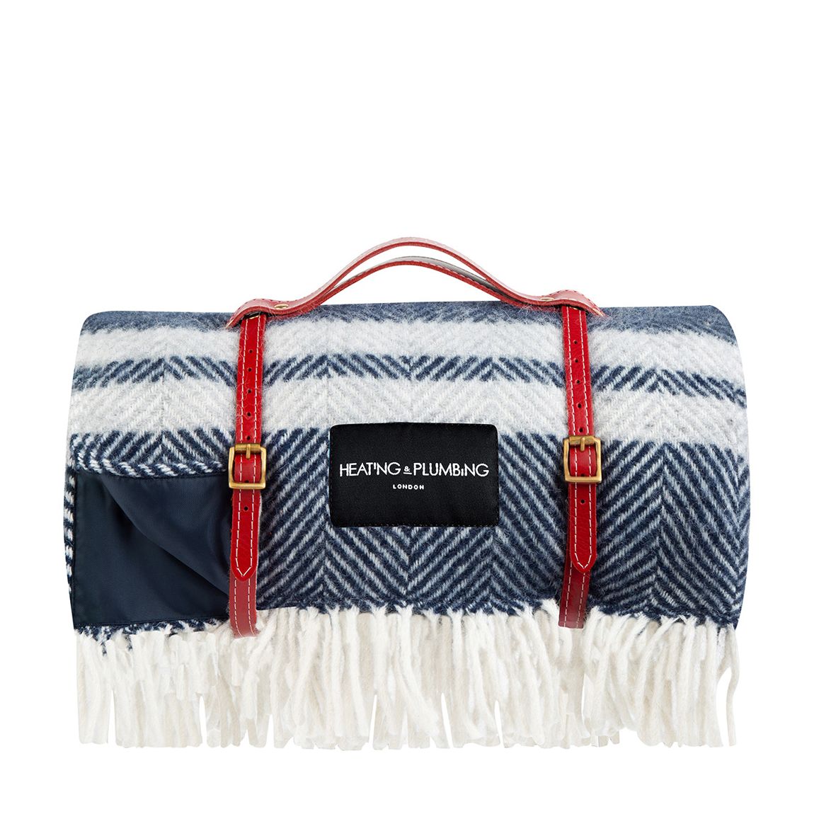 Marine Blue Stripes Picnic Blanket with Red Short Strap main product photo