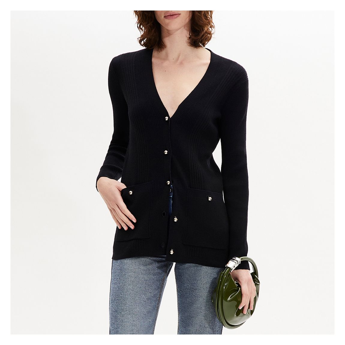 Black V-Neck Ribbed Cardigan main product photo