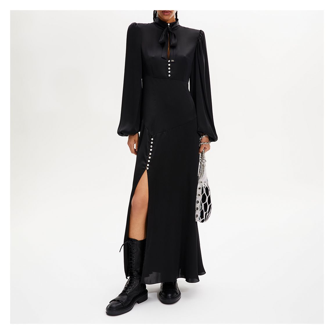 Black Satin Split Leg Midi Dress main product photo