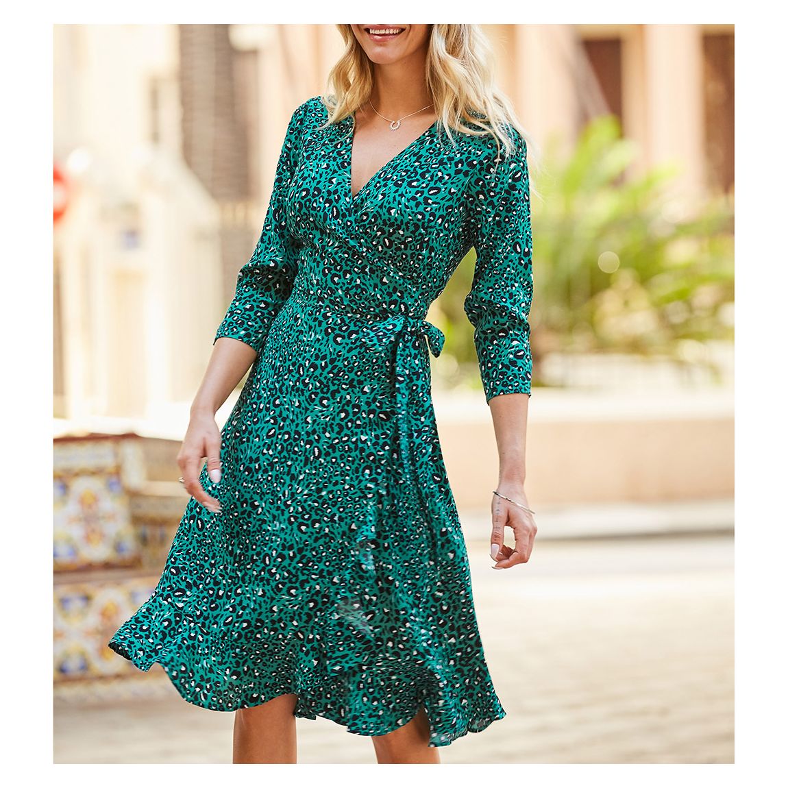 Green Leopard Print Ruffle Hem Wrap Dress main product photo