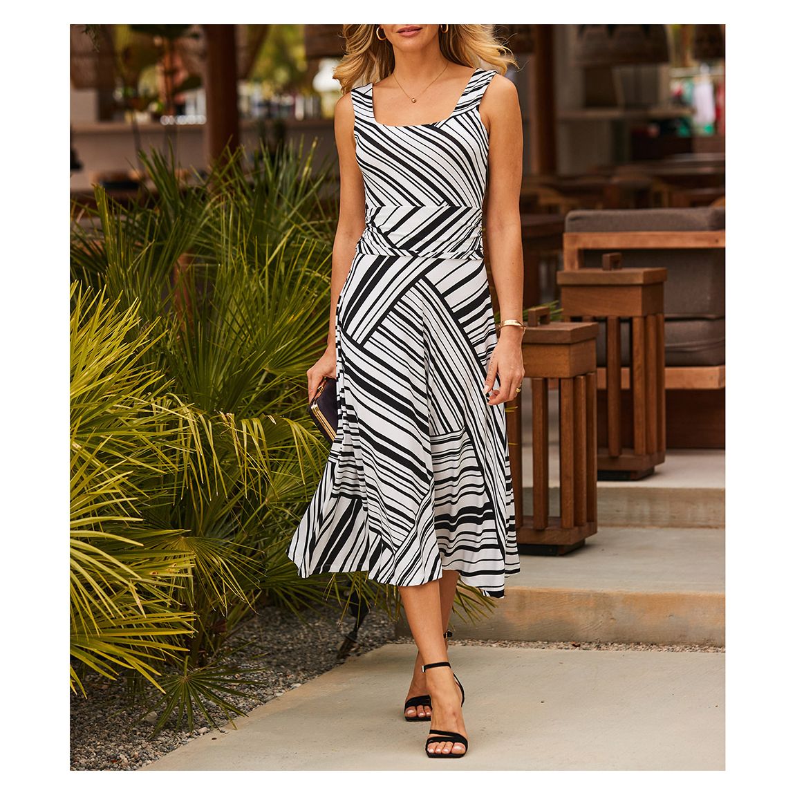 Black/White Stripe Print Fit & Flare Dress main product photo