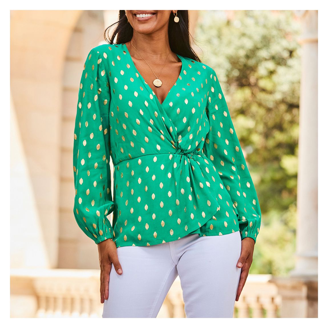 Green Metallic Printed Knot Front Top main product photo