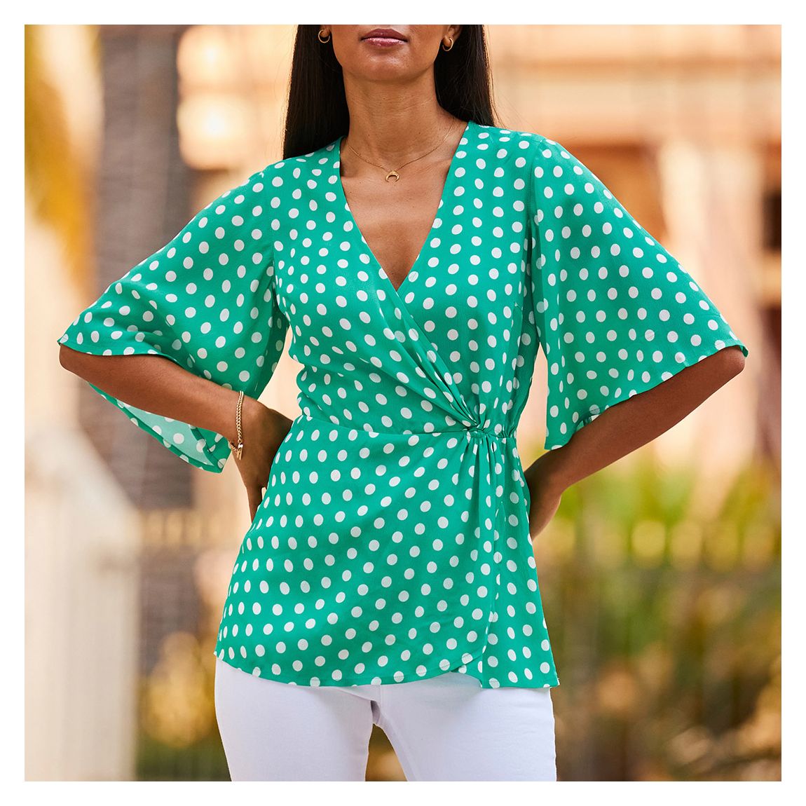 Green & White Spot Print Wrap Front Top main product photo